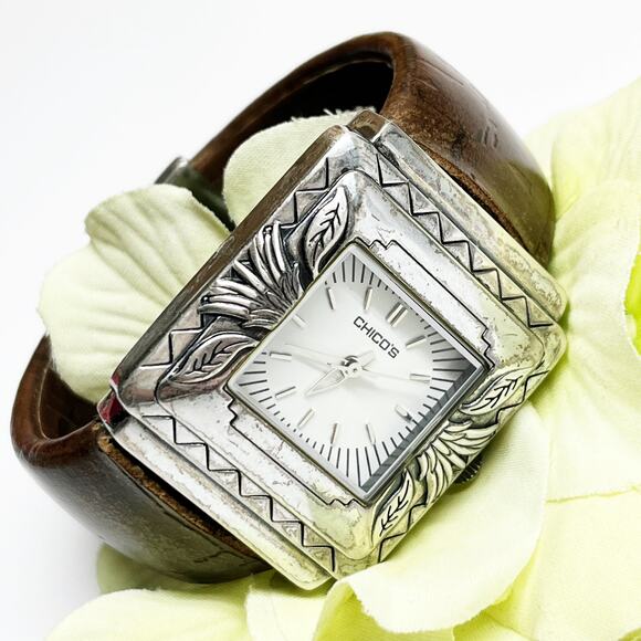 Chico's Silver & Brown Leather Etched Hinge Watch - Picture 1 of 7